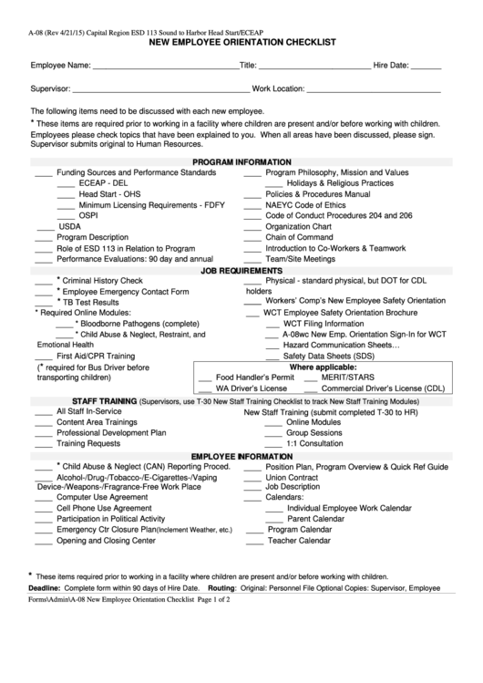 Form A 08 New Employee Orientation Checklist Printable Pdf Download