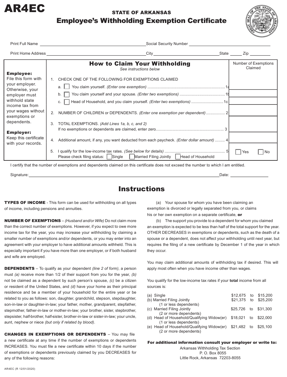 Form AR4EC Download Fillable PDF Or Fill Online Employee s Withholding