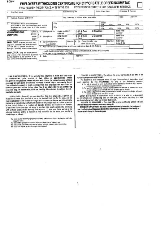 Form Bcw 4 Employees Withholding Certificate For City Of Battle Creek 