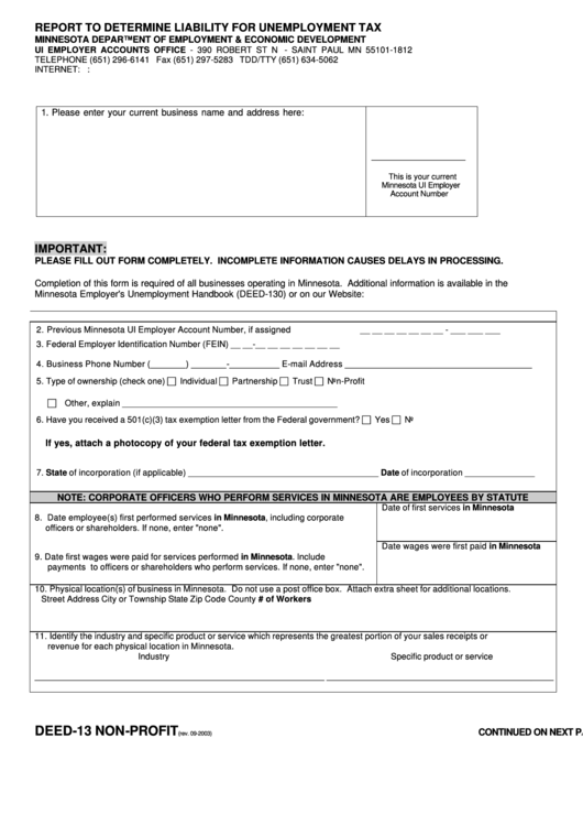 Form Deed 13 Report To Determine Liability For Unemployment Tax Non 