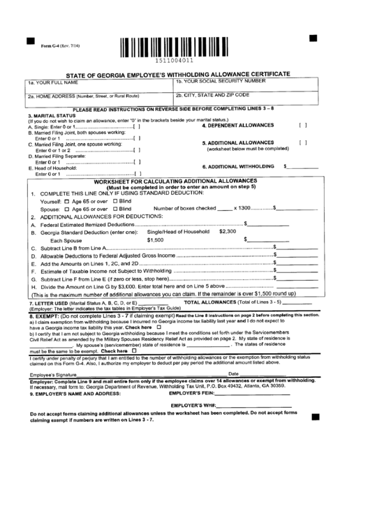 Form G 4 State Of Georgia Employee S Withholding Allowance