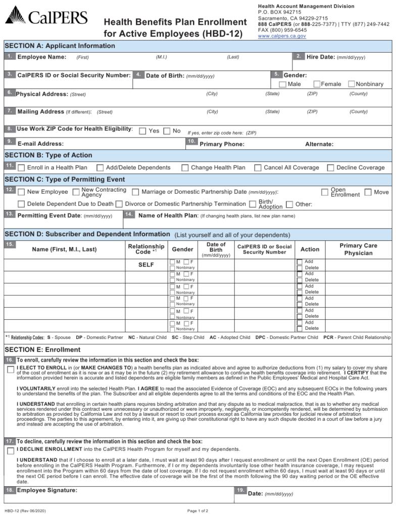 Form HBD 12 Download Fillable PDF Or Fill Online Health Benefits Plan 