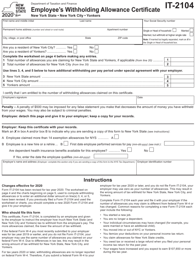 Form IT 2104 Download Fillable PDF Or Fill Online Employee s 