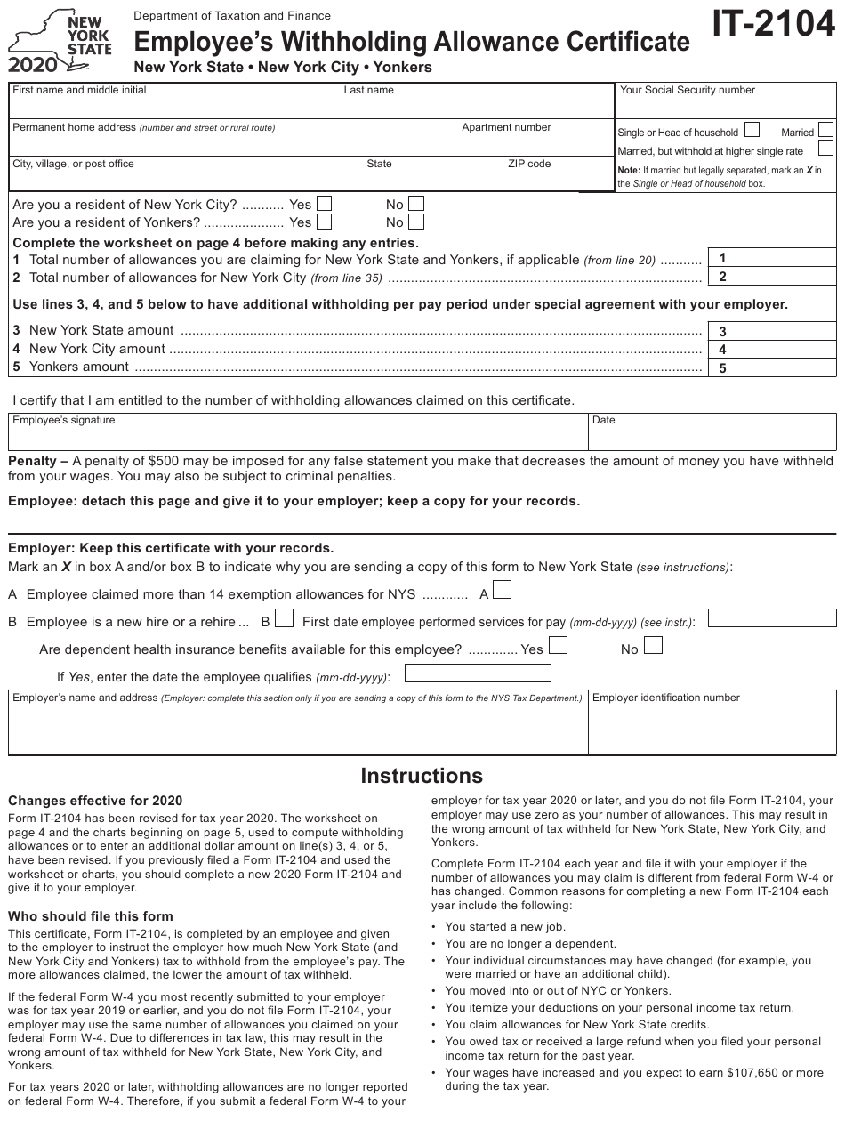 Form IT 2104 Download Fillable PDF Or Fill Online Employee s 