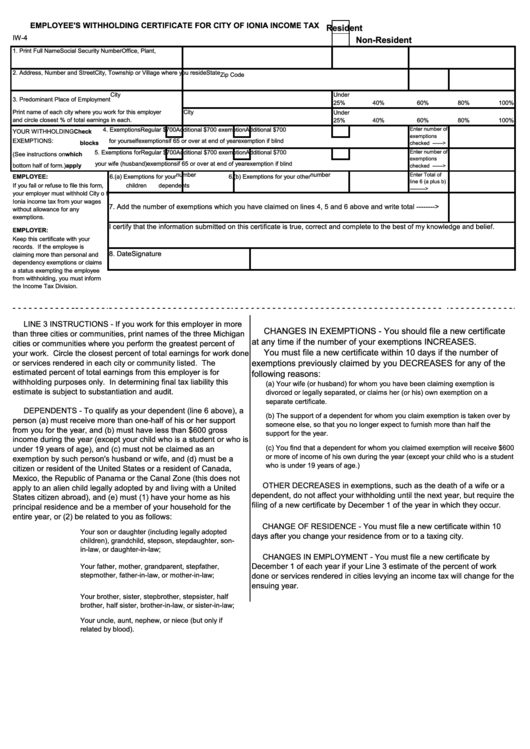 Form Iw 4 Employee S Withholding Certificate For City Of Ionia Income 