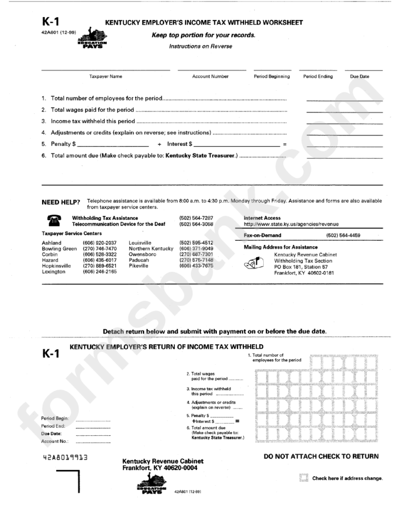 Form K 1 Kentucky Employer S Return Of Income Tax Withheld Printable 