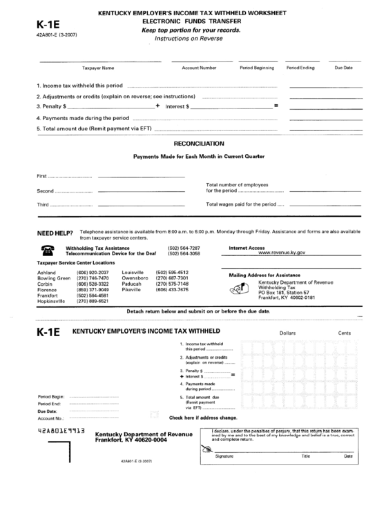 Form K 1e Kentucky Employer S Income Tax Withheld Worksheet Printable