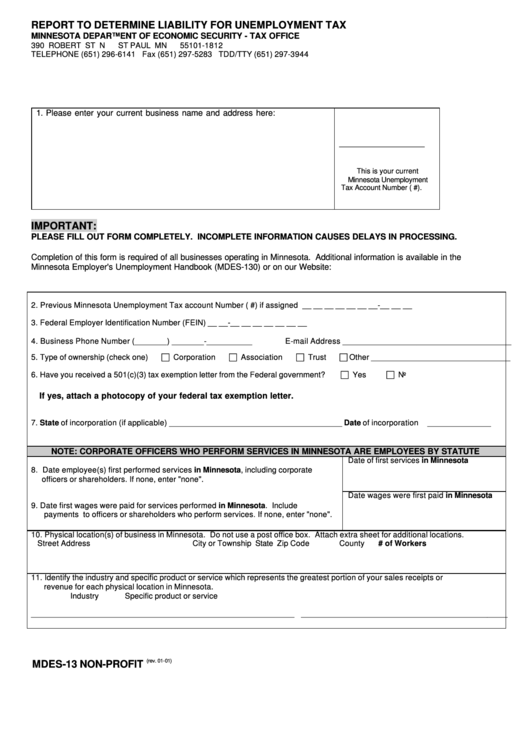 Form Mdes 13 Report To Determine Liability For Unemployment Tax Non 