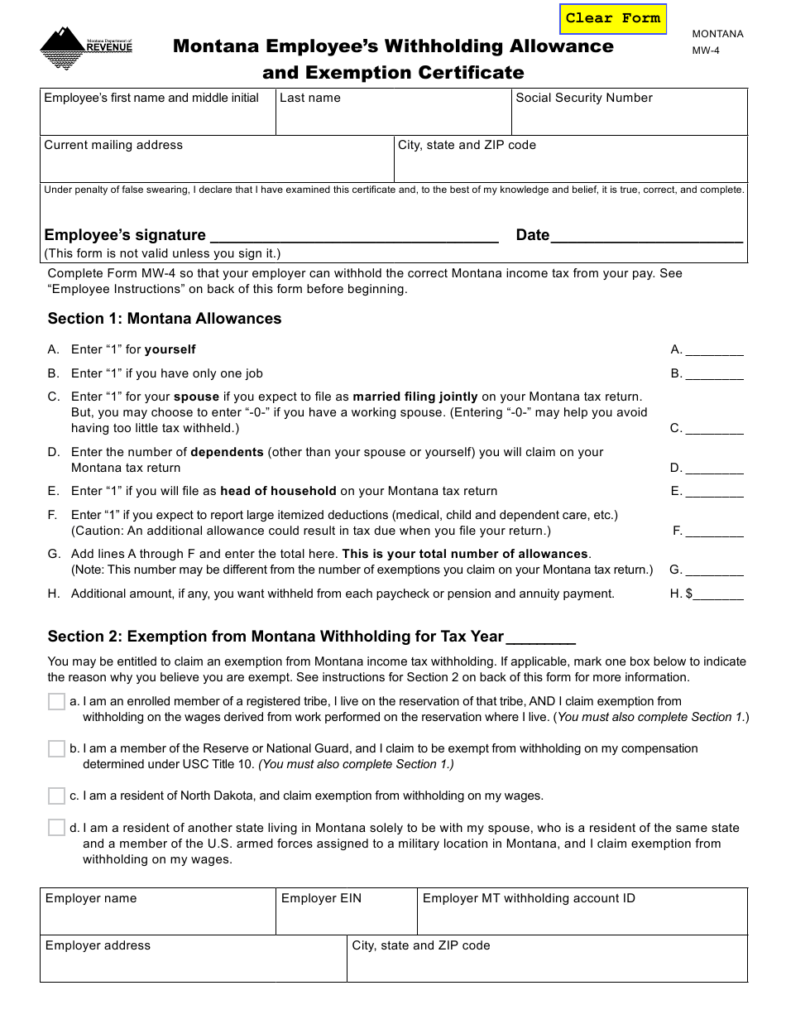 Form MW 4 Download Fillable PDF Or Fill Online Montana Employee s 