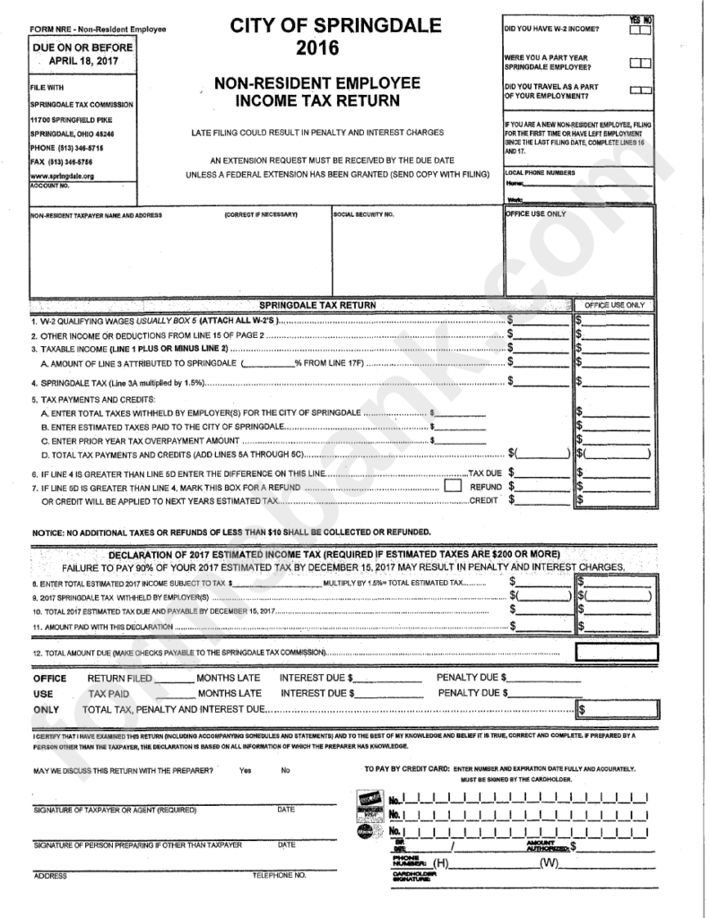 Form Nre Non Resident Employee Income Tax Return City Of Springdale 