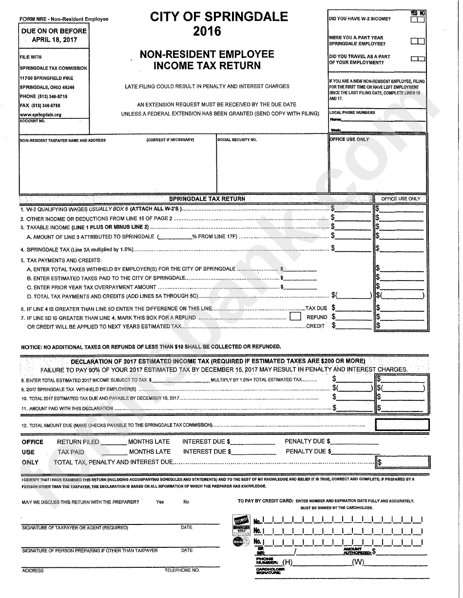 Form Nre Non Resident Employee Income Tax Return City Of Springdale