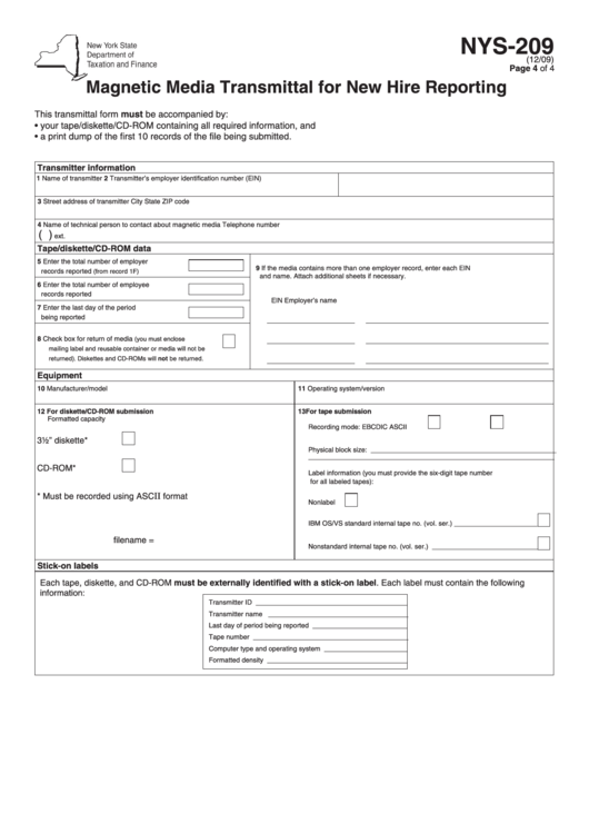 Form Nys 209 Magnetic Media Transmittal For New Hire Reporting