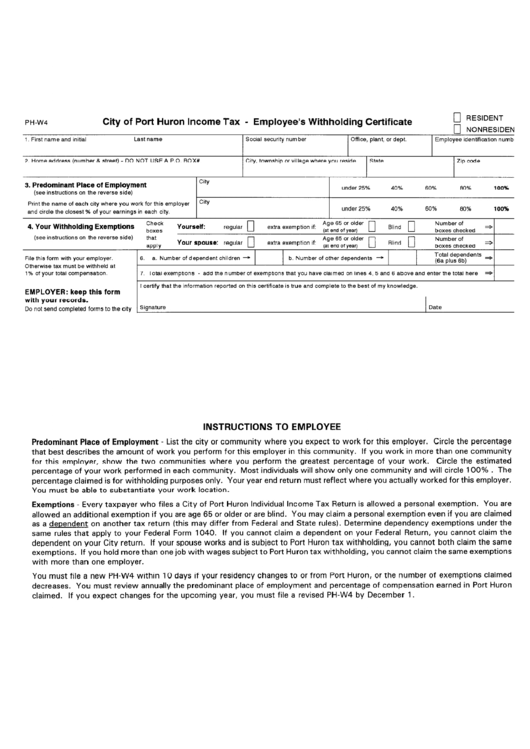 Form Ph W4 City Of Port Huron Income Tax Employee S Withholding 