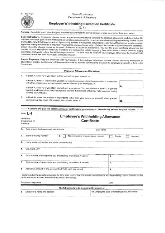 Form R 1300 Louisiana Employee Withholding Exemption Certificate L 4 