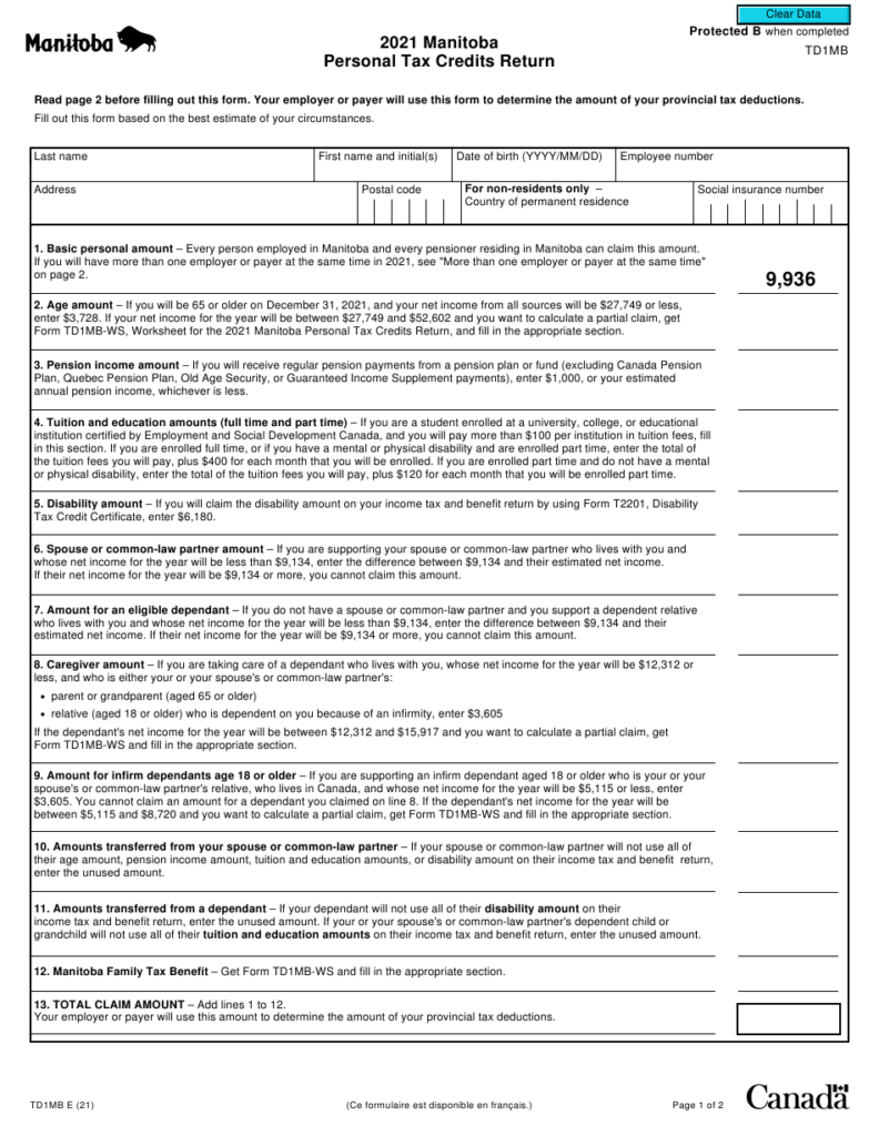 Form TD1MB Download Fillable PDF Or Fill Online Manitoba Personal Tax 