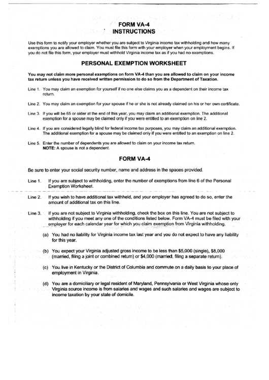 Form Va 4 Employee S Virginia Income Tax Withholding Exemption 