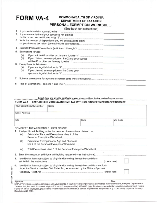 Form Va 4 Personal Exemption Worksheet Printable Pdf Download