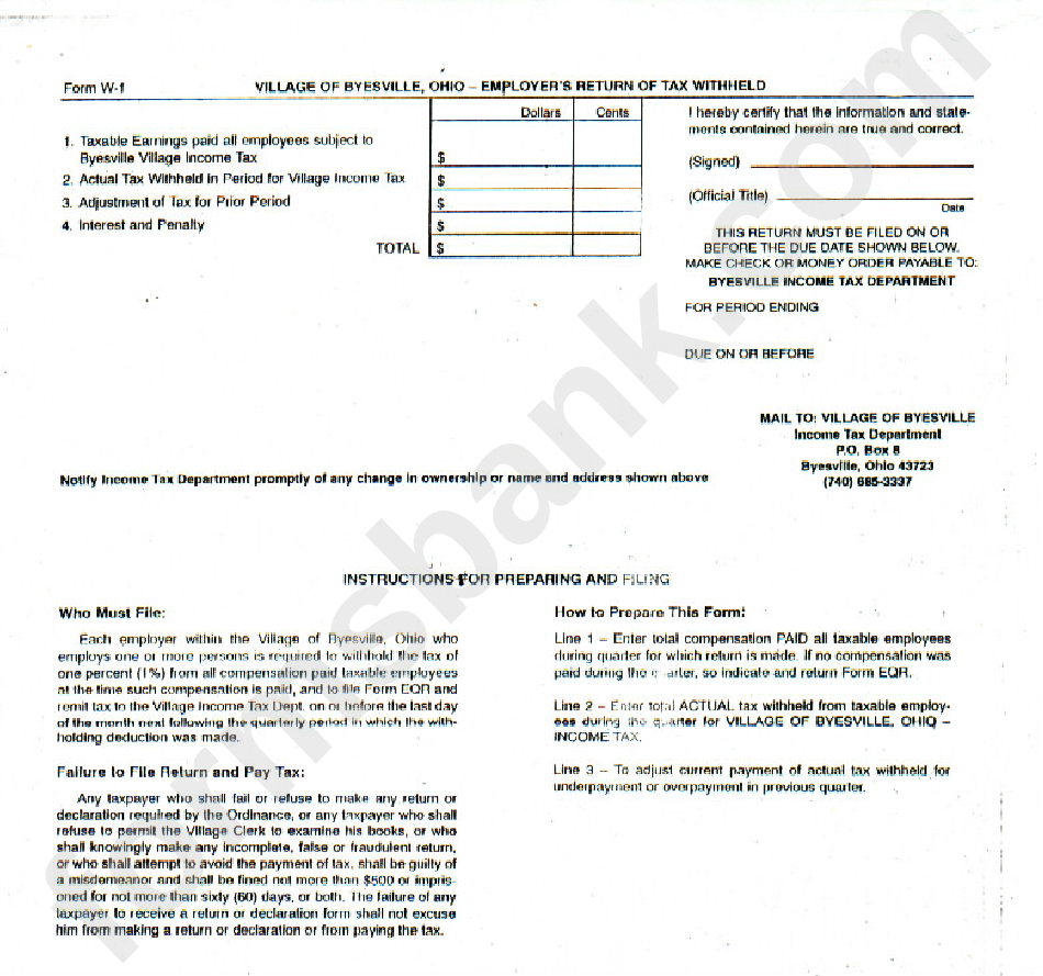 Form W 1 Employer S Return Form Of Tax Withheld State Of Ohio 