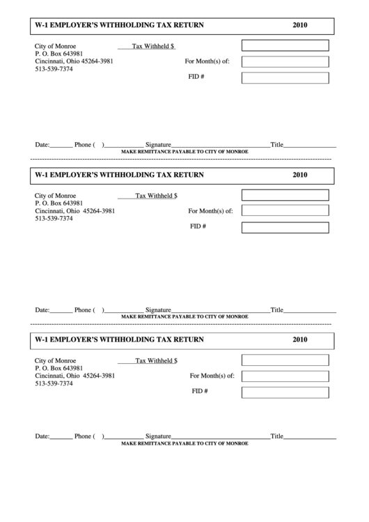 Form W 1 Employer S Withholding Tax Return State Of Ohio 2010 