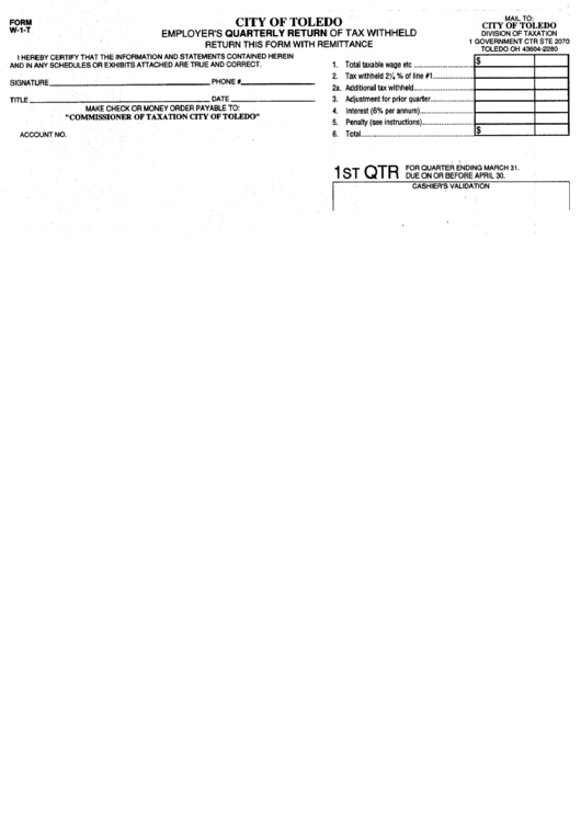 Form W 1 T City Of Toledo Employer S Quarterly Return Of Tax Withheld 