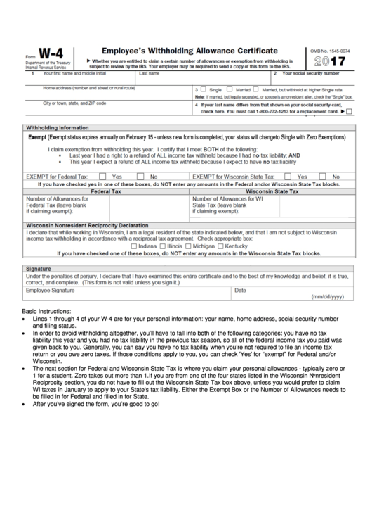 Form W 4 Employee S Withholding Allowance Certificate Internal