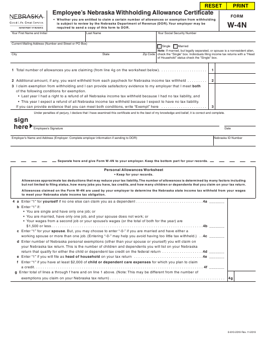 Form W 4N Download Fillable PDF Or Fill Online Employee s Nebraska