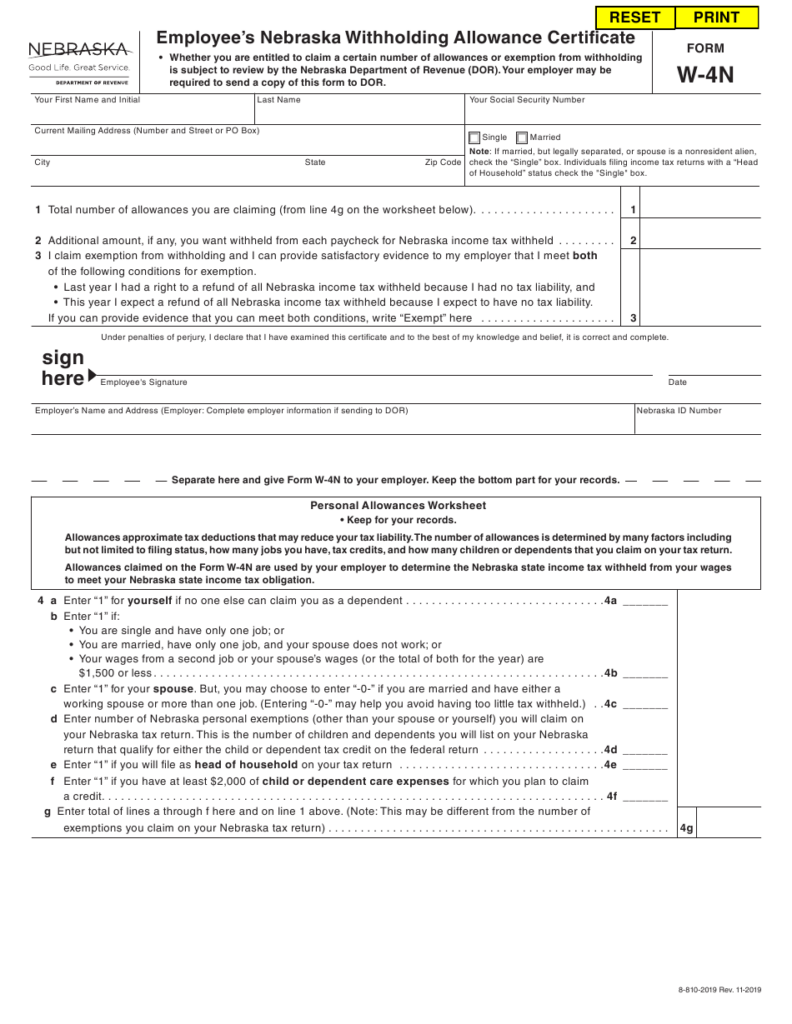 Form W 4N Download Fillable PDF Or Fill Online Employee s Nebraska 