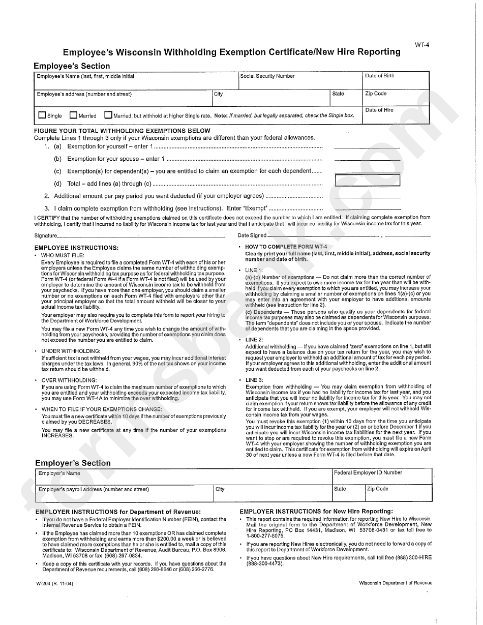 Form Wt 4 Employee S Wisconsin Withholding Exemption Certificate new