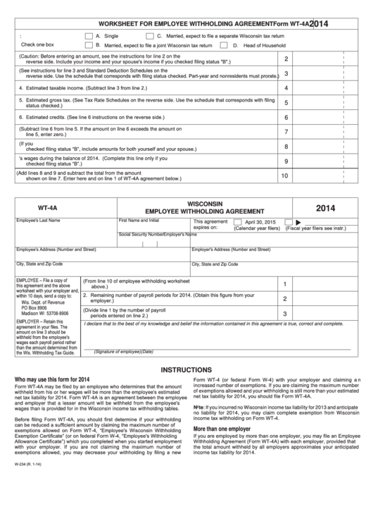 Form Wt 4a Wisconsin Employee Withholding Agreement Printable Pdf Download