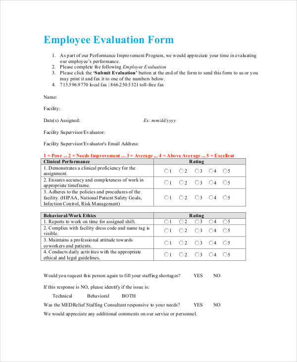 FREE 21 Employee Evaluation Form Samples Templates In PDF MS Word