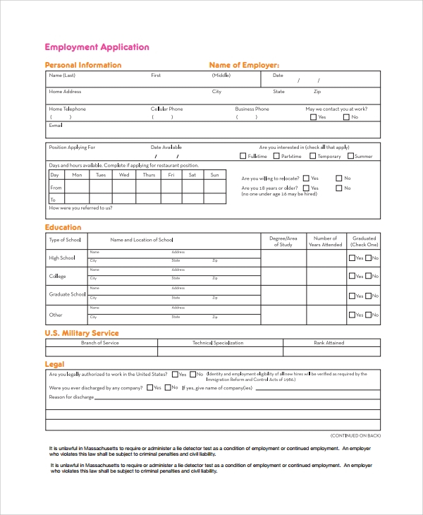 FREE 7 Sample Employee Application Forms In MS Word PDF