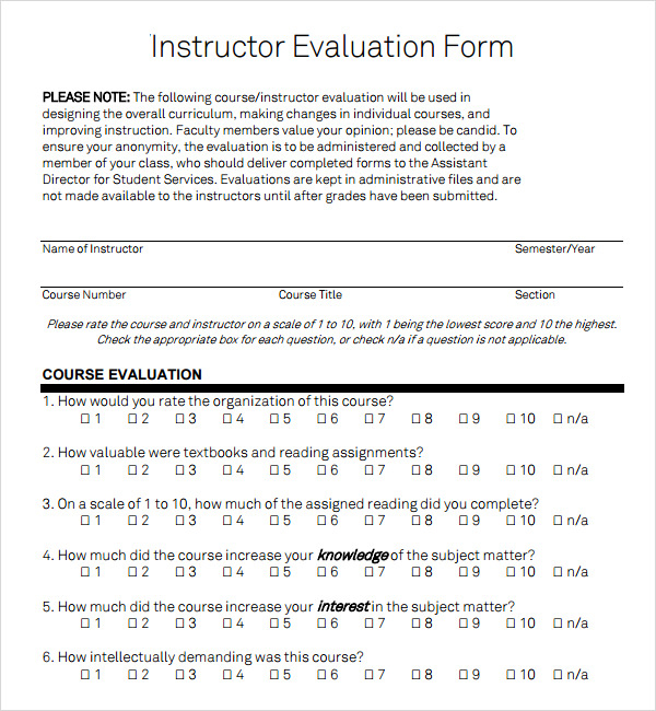 FREE 7 Sample Instructor Evaluation Form Templates In PDF