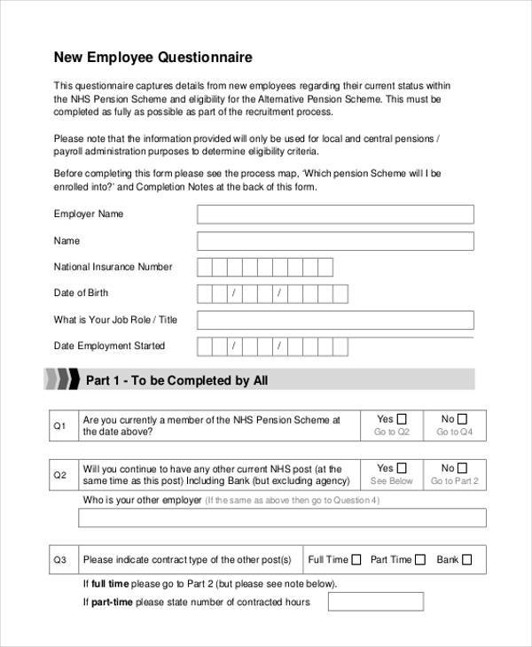 FREE 8 Sample Employment Questionnaire Forms In PDF MS Word