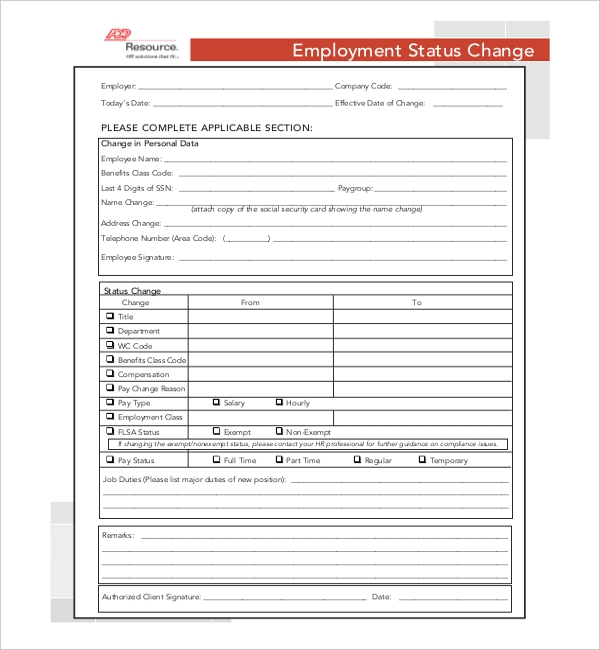 FREE 9 Sample Employee Status Change Forms In PDF MS Word Excel