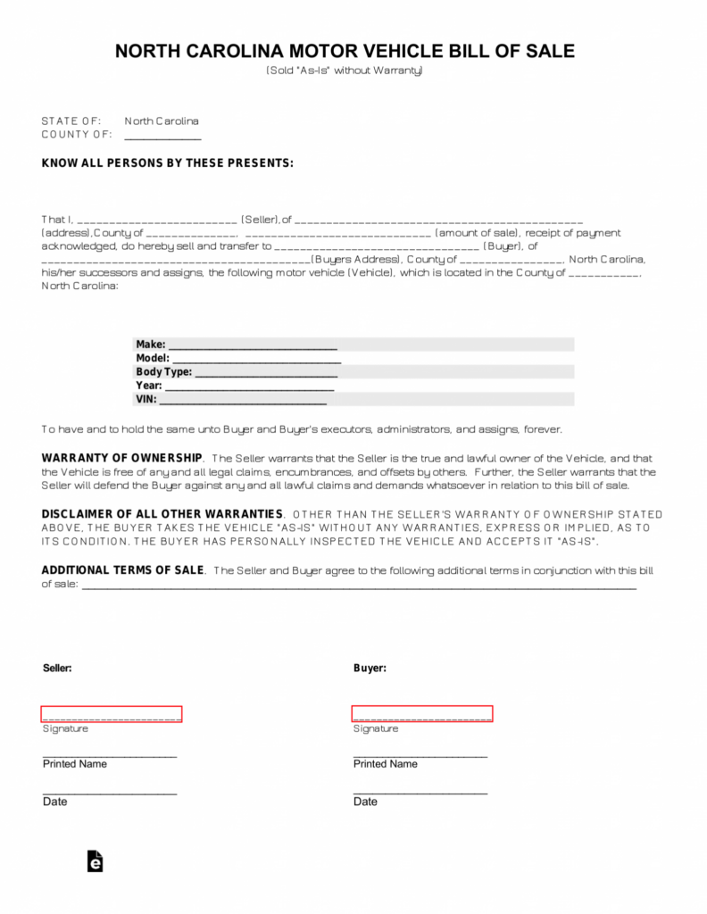 Free North Carolina Motor Vehicle Bill Of Sale Form PDF EForms