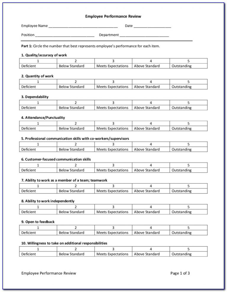 Free Printable Employee Evaluation Template Form Resume Examples