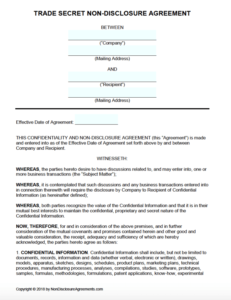 Free Trade Secret Non Disclosure Agreement NDA Template PDF Word