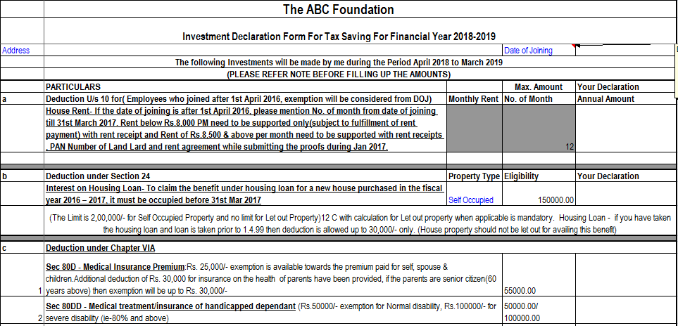 Investment Declaration Form For FY 2018 19 In Excel Format