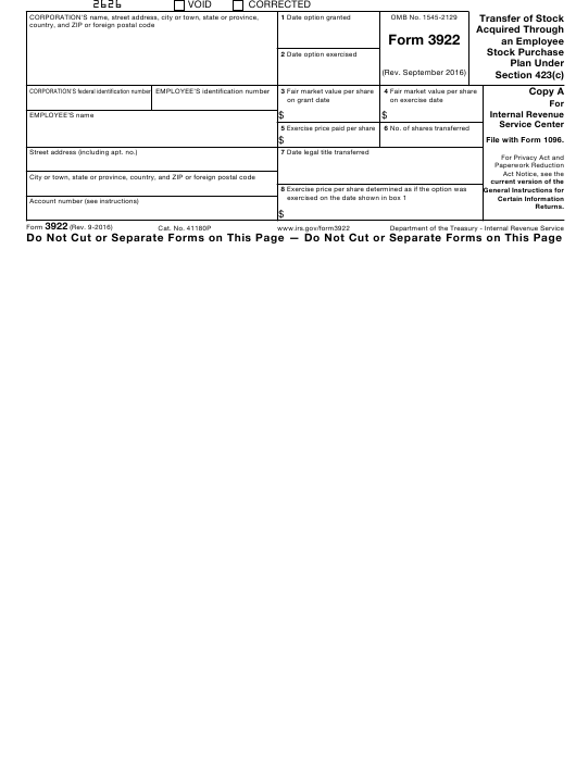 IRS Form 3922 Download Fillable PDF Or Fill Online Transfer Of Stock 