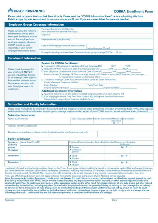 Kaiser Permanente Federal Cobra Enrollment Form Printable Pdf Download