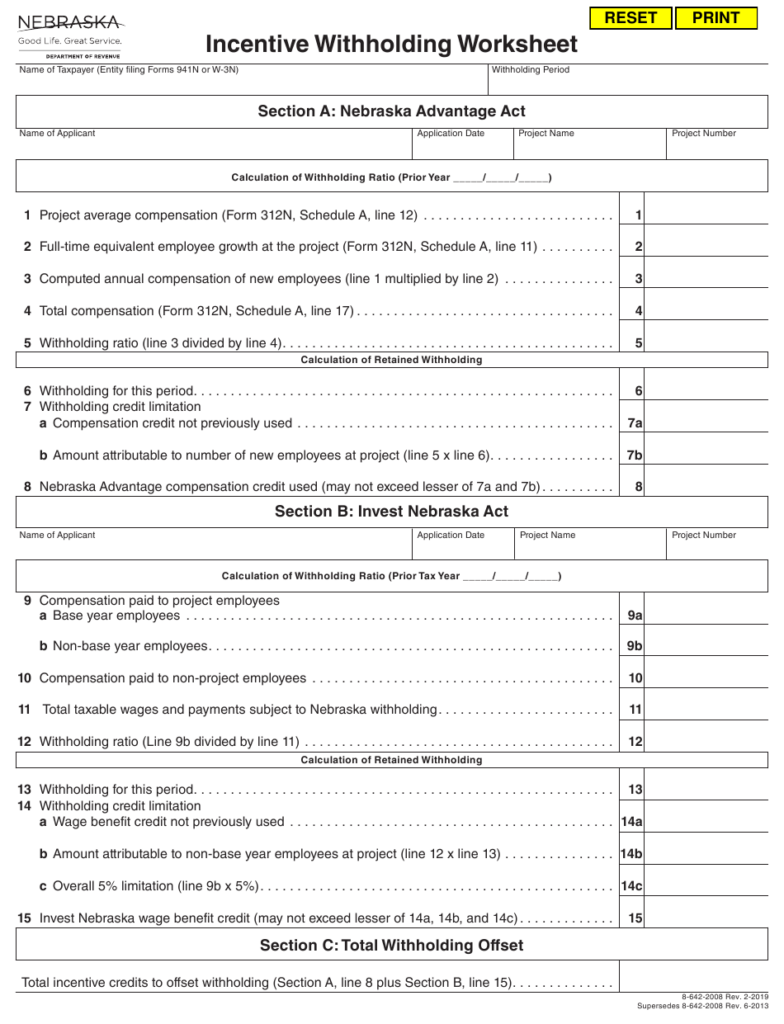 Nebraska Incentive Withholding Worksheet Download Fillable PDF 