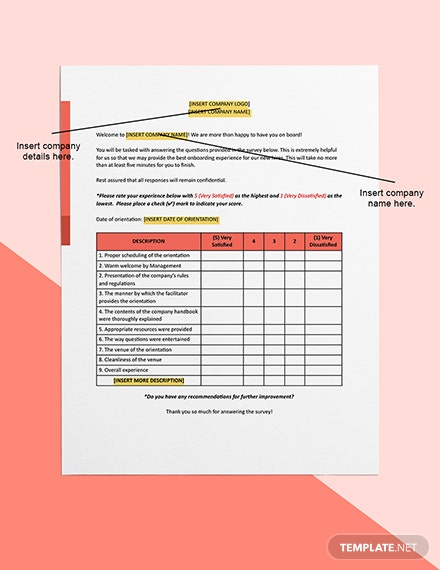 New Employee Orientation Survey Template In Google Docs Word Apple 