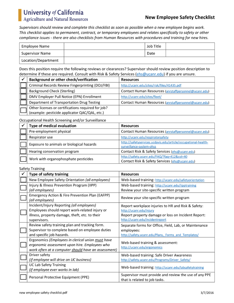 New Employee Safety Checklist Templates At Allbusinesstemplates