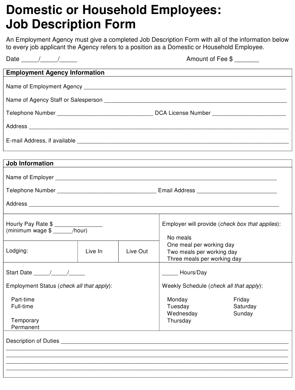 New York City Domestic Or Household Employees Job Description Form