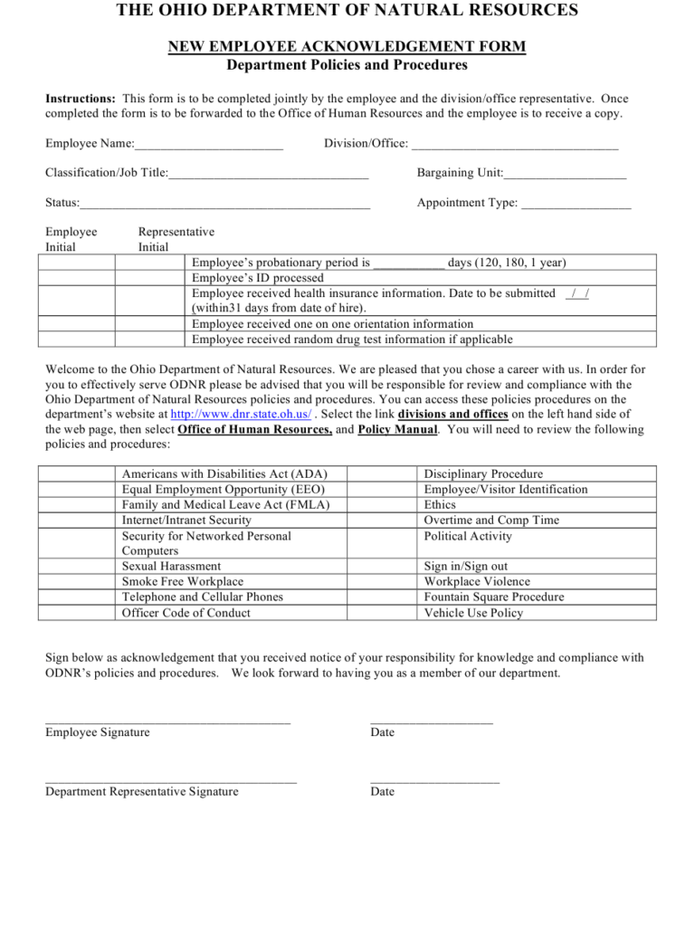 Ohio New Employee Acknowledgement Form Download Printable PDF 