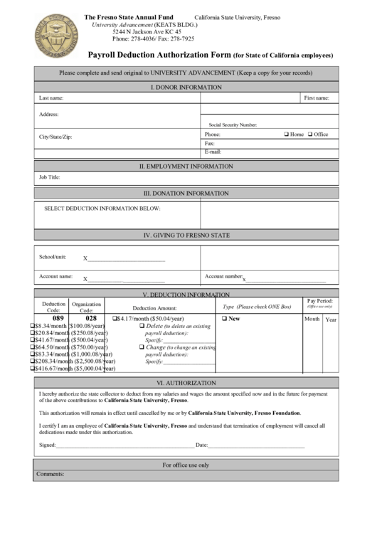 Payroll Deduction Authorization Form For State Of California Employees 