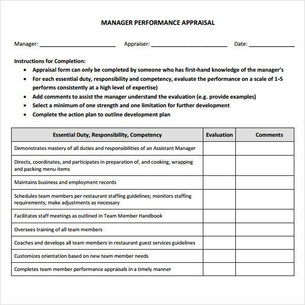 Restaurant Manager Evaluation Form Evaluation Evaluation Form 