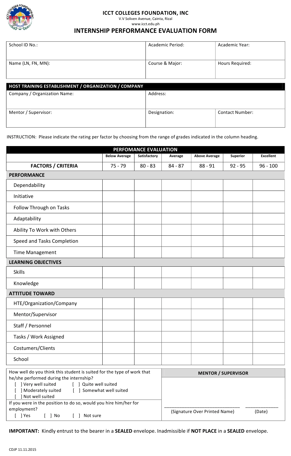 Rizal Philippines Internship Performance Evaluation Form Icct 