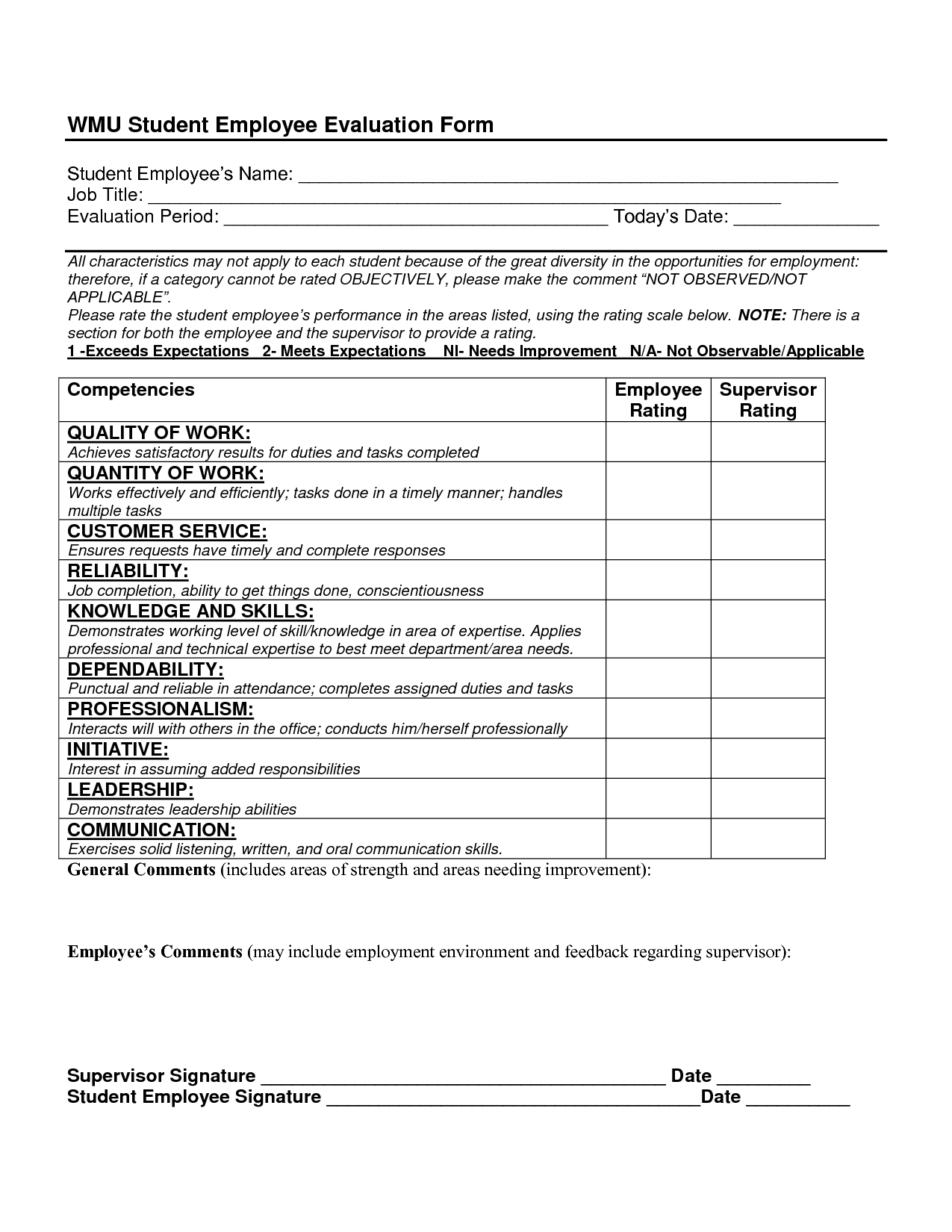 Sample Employee Evaluation Forms Evaluation Employee Employee