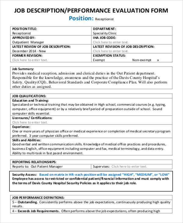 Self Evaluation Form Of Receptionist Receptionist Performance 